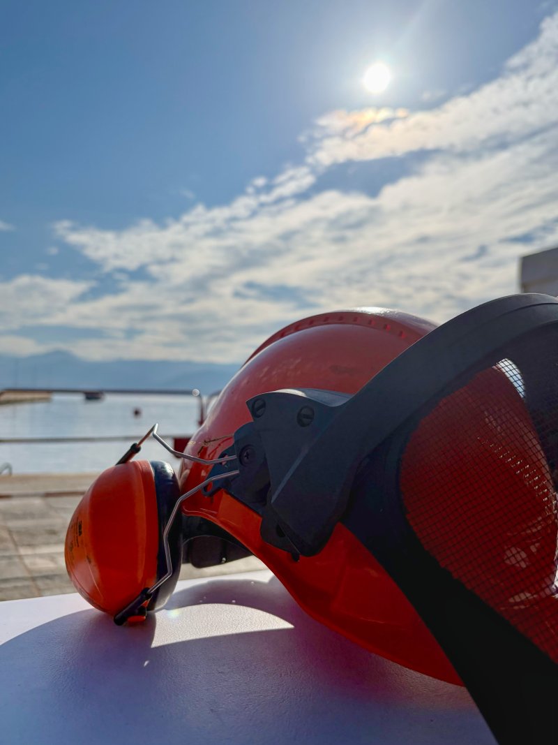 Gros plan sur un casque forestier orange muni d'une visi&egrave;re grillag&eacute;e et de protections auditives, pos&eacute; sur une table devant le port.