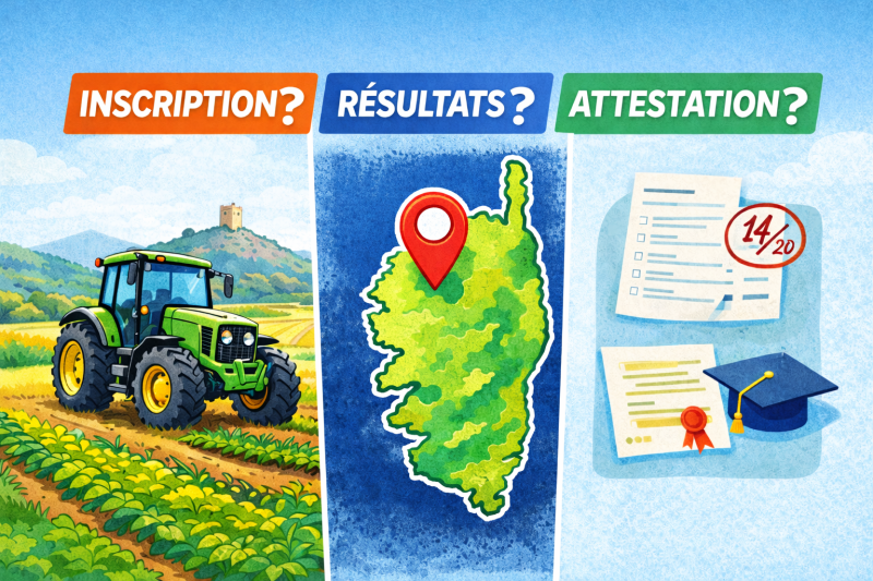 Illustration color&eacute;e montrant un tracteur dans un champ, une carte de la Corse mise en &eacute;vidence et des documents d'examen, symbolisant les d&eacute;marches d'inscription, de r&eacute;sultats et d'attestations pour les examens de l'enseignement agricole en Corse.