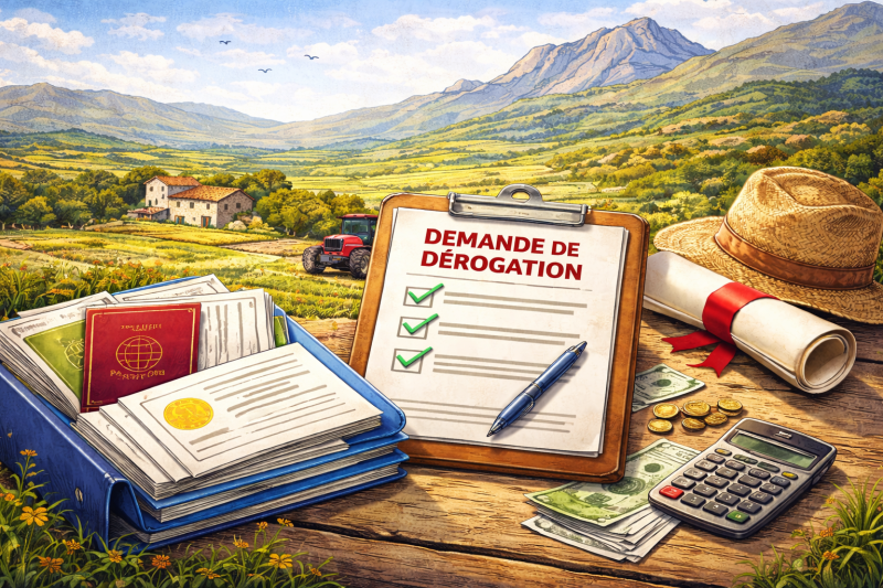 Illustration d'un dossier intitul&eacute; &laquo; Demande de d&eacute;rogation &raquo; avec des documents administratifs et un dipl&ocirc;me pos&eacute;s sur une table, devant un paysage rural de Corse avec ferme, montagnes et tracteur.
